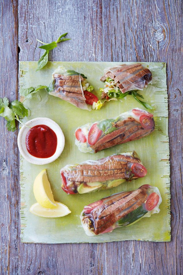 PHO STYLE BEEF AND HERB RICE PAPER ROLLS